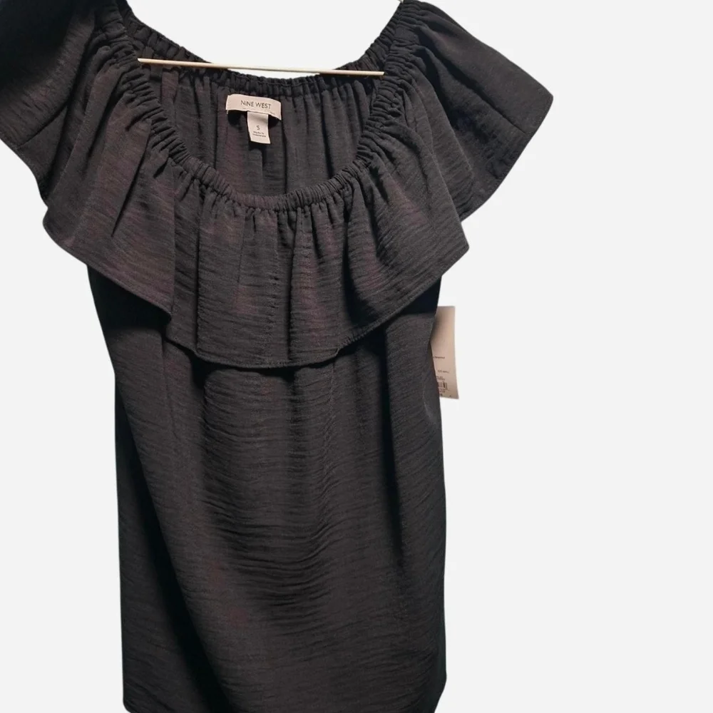 Nine West Charcoal Ruffle Off-Shoulder Blouse - Picture 1 of 4